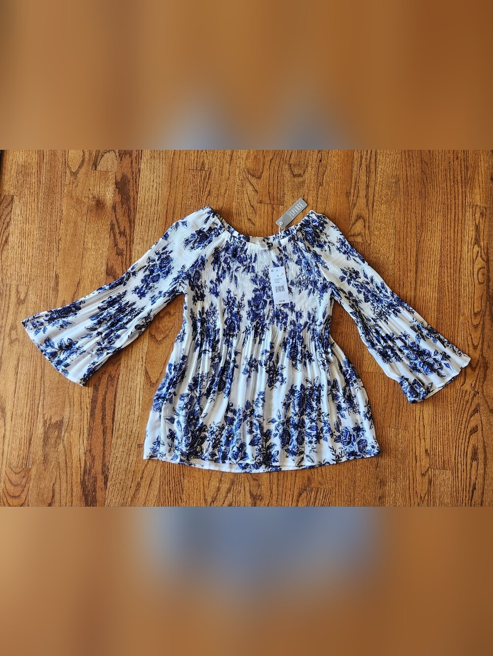 NWT Spense sheer white and blue floral off-the-shoulder blouse